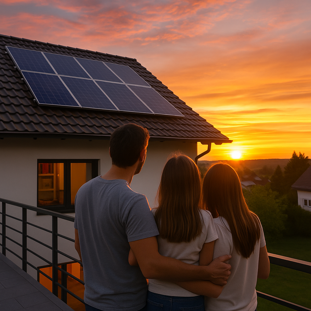 Familia disfrutando del atardecer frente a su casa autosuficiente con paneles solares en el tejado.