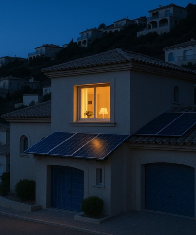 Cuando todos se apagan... tú sigues conectado. Casa iluminada con placas solares vista aérea nocturna.