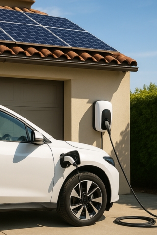 Coche eléctrico cargando en casa con energía solar