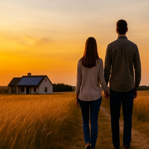Pareja observando su hogar autosuficiente con energía solar al atardecer