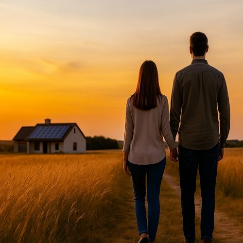 Pareja observando su hogar autosuficiente con energía solar al atardecer